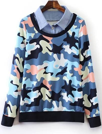 Romwe Blue Contrast Lapel Camouflage Loose Sweatshirt