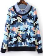 Romwe Blue Contrast Lapel Camouflage Loose Sweatshirt