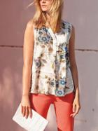 Romwe V-neck Flower Print Tank Top - White