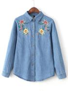 Romwe Blue Flower Embroidery Denim Blouse With Buttons