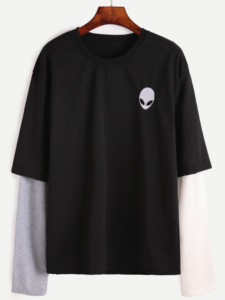 Romwe Contrast Long Sleeve Alien Embroidered T-shirt