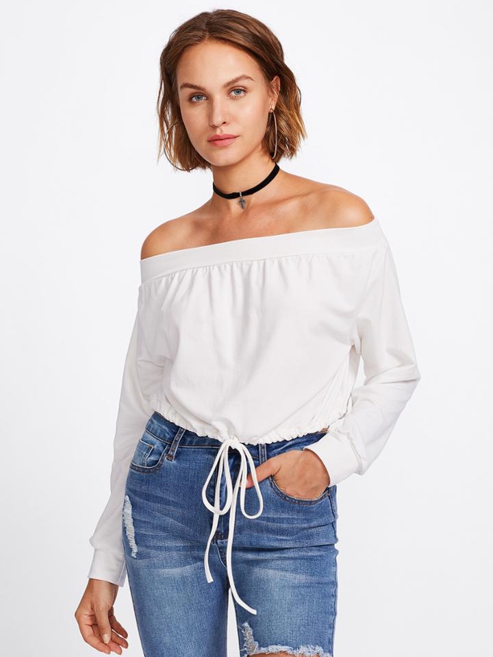 Romwe Off Shoulder Drawstring Hem Sweatshirt