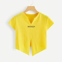 Romwe Asymmetrical Hem V-neck Letter Print Tee