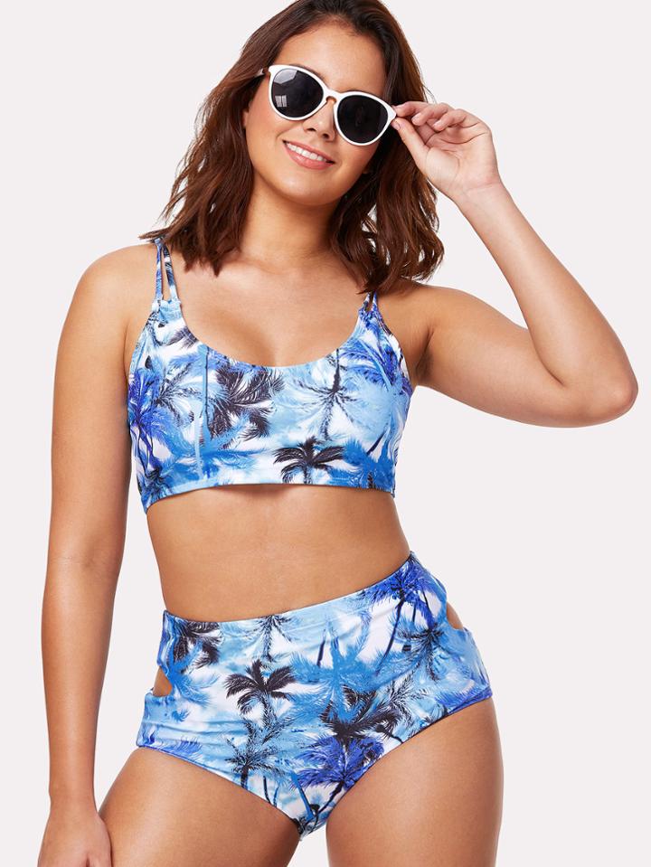 Romwe Tropical Print Cut Out Bikini Set