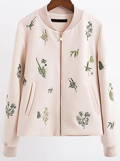 Romwe Apricot Embroidery Zipper Up Jacket