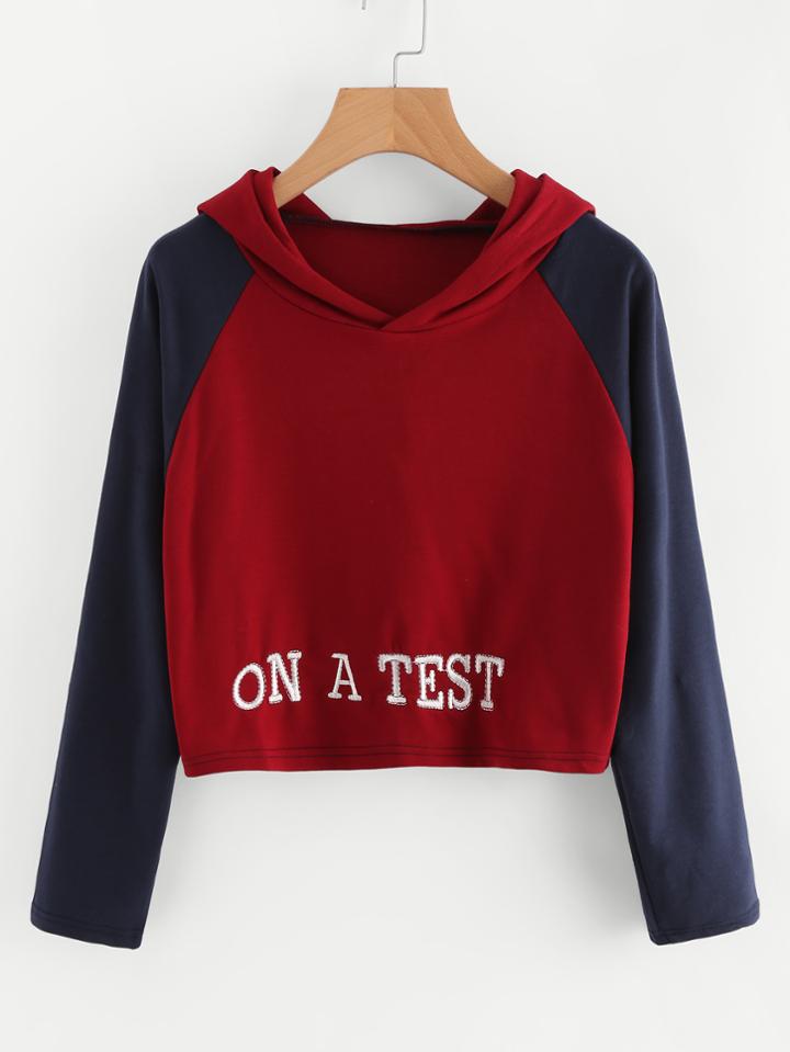 Romwe Contrast Sleeve Slogan Embroidered Hoodie