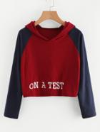 Romwe Contrast Sleeve Slogan Embroidered Hoodie
