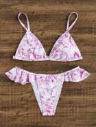 Romwe Plant Print Ruffle Detail Bikini Set