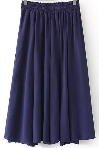 Romwe Navy Elastic Waist Pleated Skirt