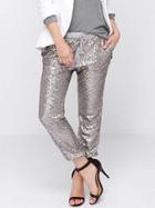 Romwe Women Silver Sequin Elastic Waist Casual Pants