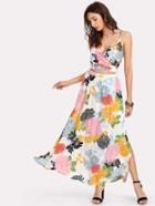 Romwe Crop Floral Wrap Cami & Skirt Co-ord