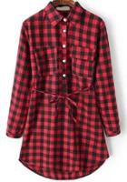 Romwe Wine Red Long Sleeve Plaid Tie-waist Blouse