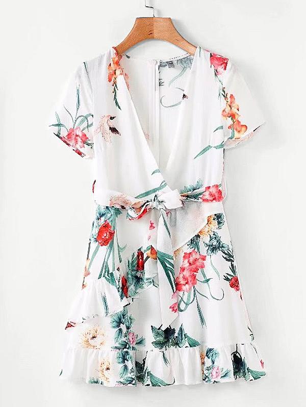 Romwe Ruffle Detail Self Tie Dress