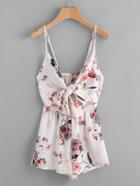 Romwe Floral Print Cut Out Bow Tie Front Cami Romper