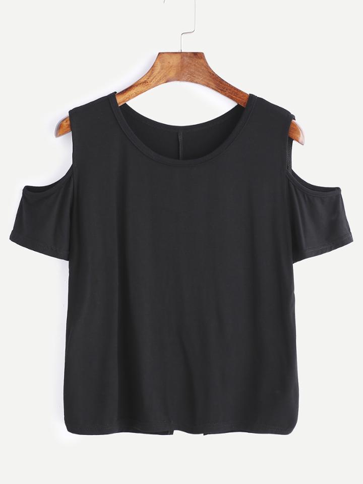 Romwe Black Cold Shoulder Split Back T-shirt