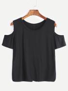 Romwe Black Cold Shoulder Split Back T-shirt