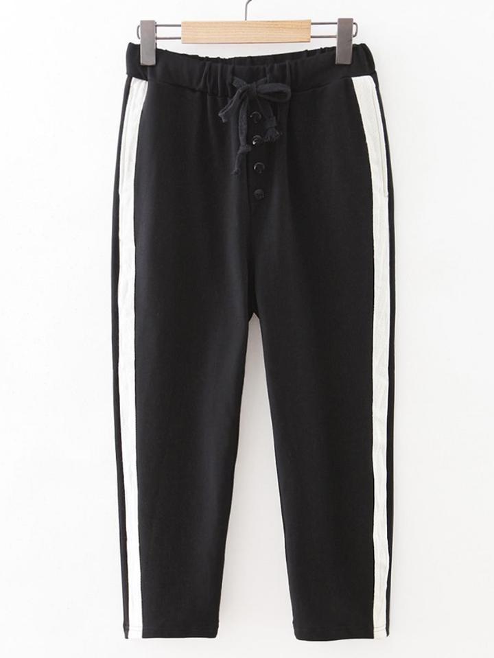 Romwe Drawstring Waist Striped Side Pants