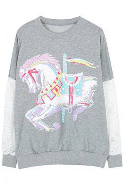 Romwe Cartoon Horse Print Lace Sleeves Grey Pullover