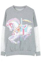 Romwe Cartoon Horse Print Lace Sleeves Grey Pullover