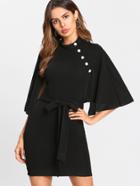 Romwe Self Belted Button Detail Cape Dress