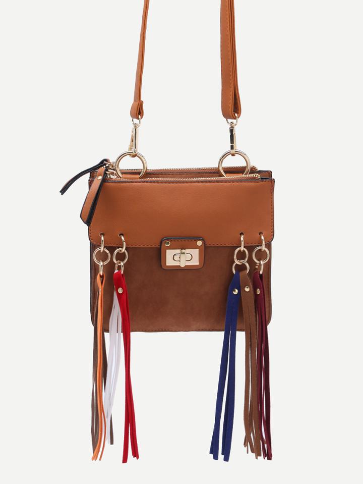 Romwe Brown Ring Accent Fringe Trim Shoulder Bag