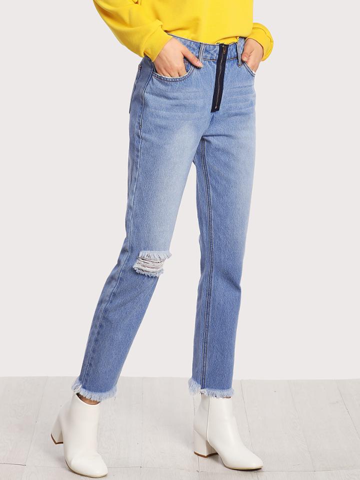 Romwe Bleached Washed Ripped Knee Raw Hem Jeans