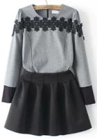 Romwe Grey Long Sleeve Lace Embellished Top With Pleated Skirt