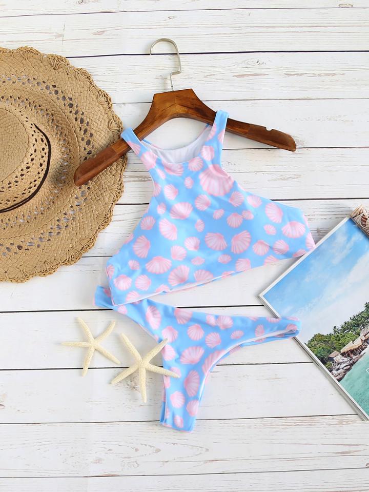 Romwe Blue Shell Print Bikini Set