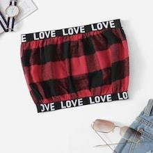 Romwe Letter Tape Panel Plaid Print Bandeau Top