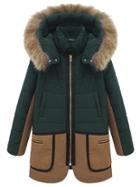 Romwe Hooded Faux Fur Zipper Pockets Color-block Coat