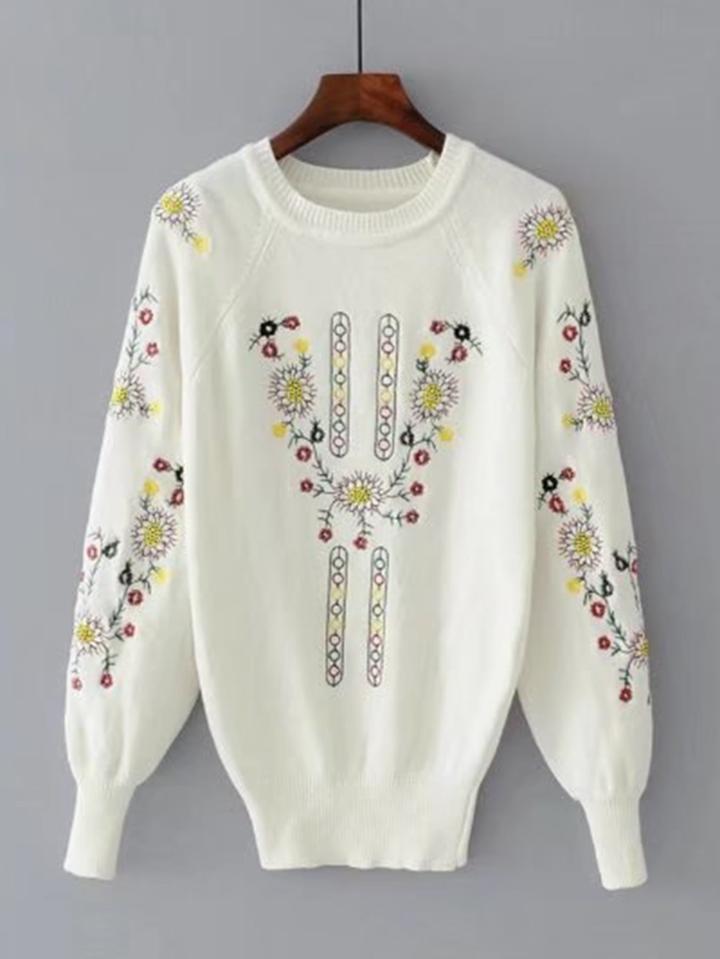 Romwe Floral Embroidered Pullover Jumper