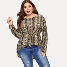 Romwe Plus High Low Snake Print Belted Tee