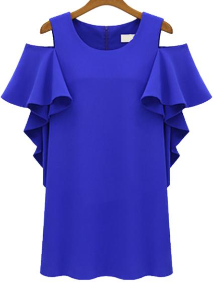 Romwe Off-shoulder Ruffle Sleeve Blue Dress