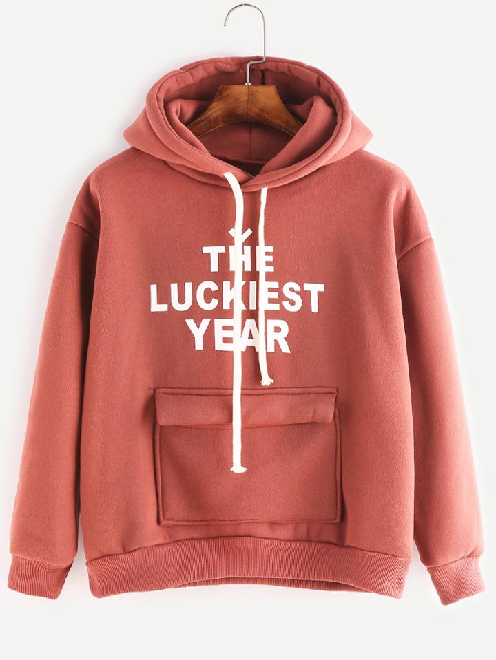 Romwe Brick Red Letter Print Drawstring Pocket Hoodie
