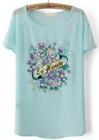 Romwe Round Neck Flower Print Chiffon Blue T-shirt