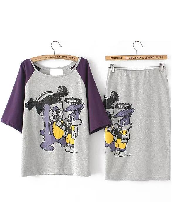 Romwe Contrast Sleeve Cartoon Print Top With Elastic Waist Grey Skirt