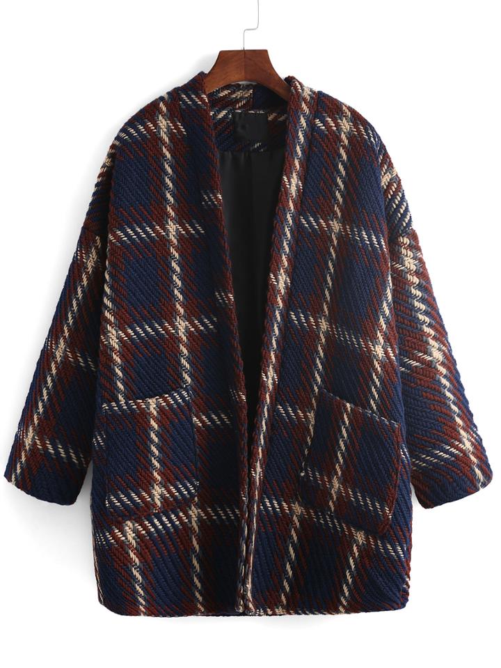 Romwe Plaid Pockets Loose Women Coat