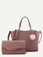 Romwe Cameo Brown Pu Pom Pom Trim Convertible Handbag With Chain Bag
