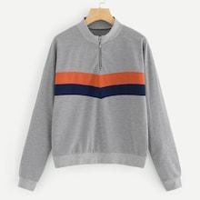 Romwe Mock Neck Colorblock Zip Half Placket Sweatshirt