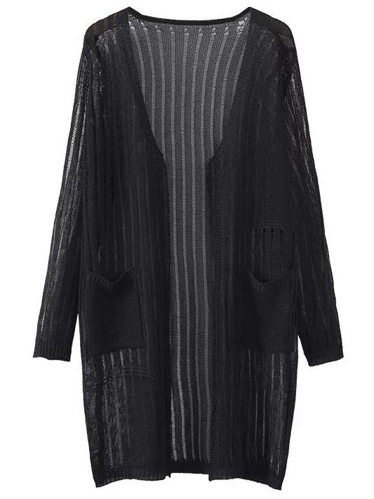 Romwe Black Long Sleeve Pocket Cardigan