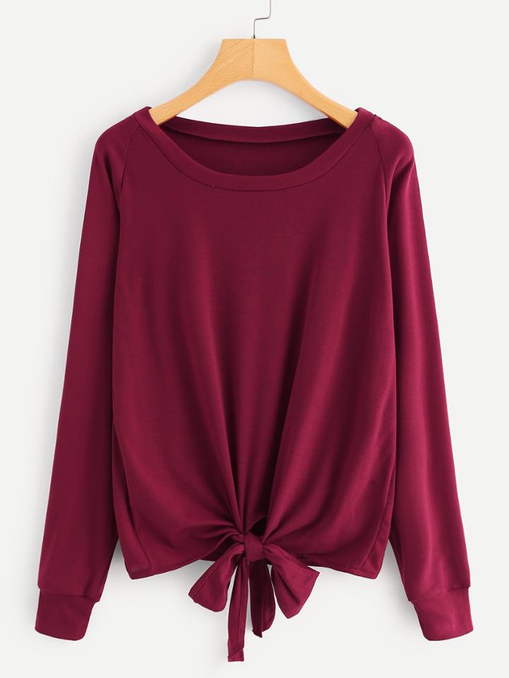 Romwe Raglan Sleeve Knot Front Tee