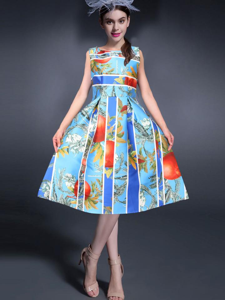 Romwe Sleeveless Fruits Print Flare Dress