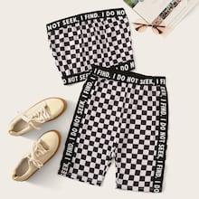 Romwe Letter Tape Checked Bandeau & Cycling Shorts