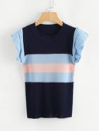 Romwe Ruffle Sleeve Color Block Knit Top