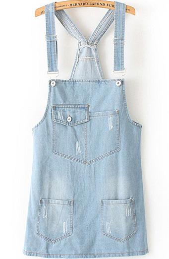 Romwe Straps With Pockets Denim Pale Blue Dress