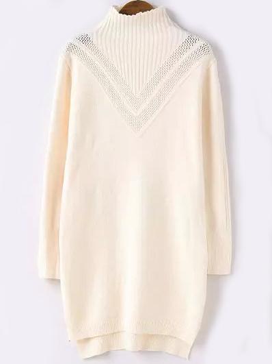 Romwe Polo Neck Dip Hem Eyelet Beige Sweater Dress