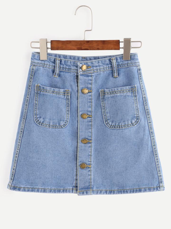 Romwe Blue Button Front Dual Pocket A Line Denim Skirt