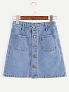 Romwe Blue Button Front Dual Pocket A Line Denim Skirt
