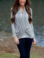 Romwe V Neck Wrap Grey T-shirt