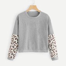 Romwe Leopard Print Sleeve Marled Pullover